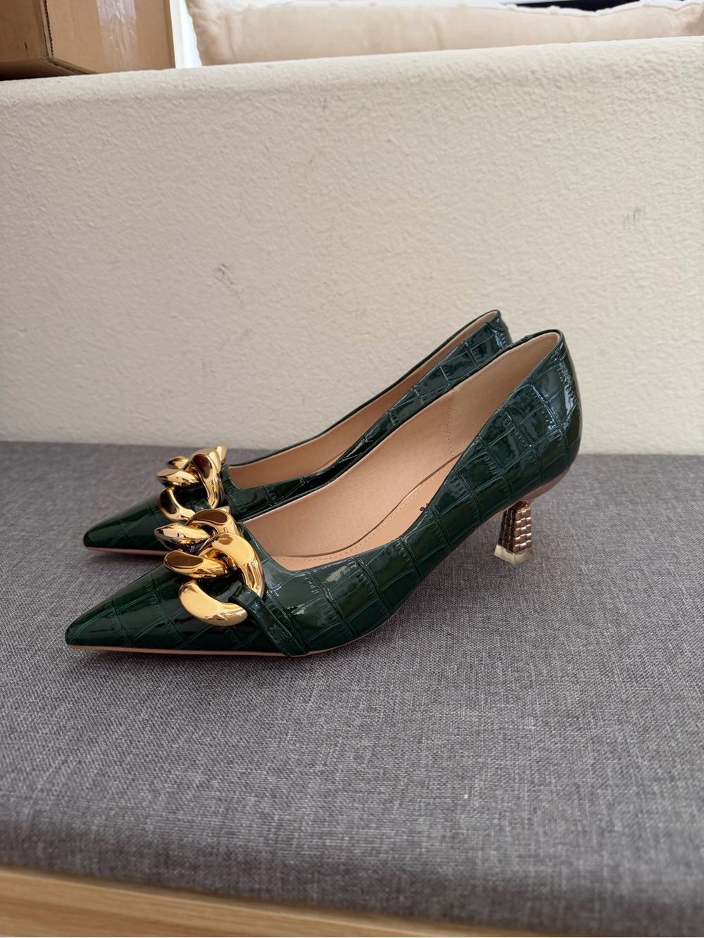 Emerald Green Patent Croc-Embossed Pointed Toe Pumps with Gold Chain Accent
